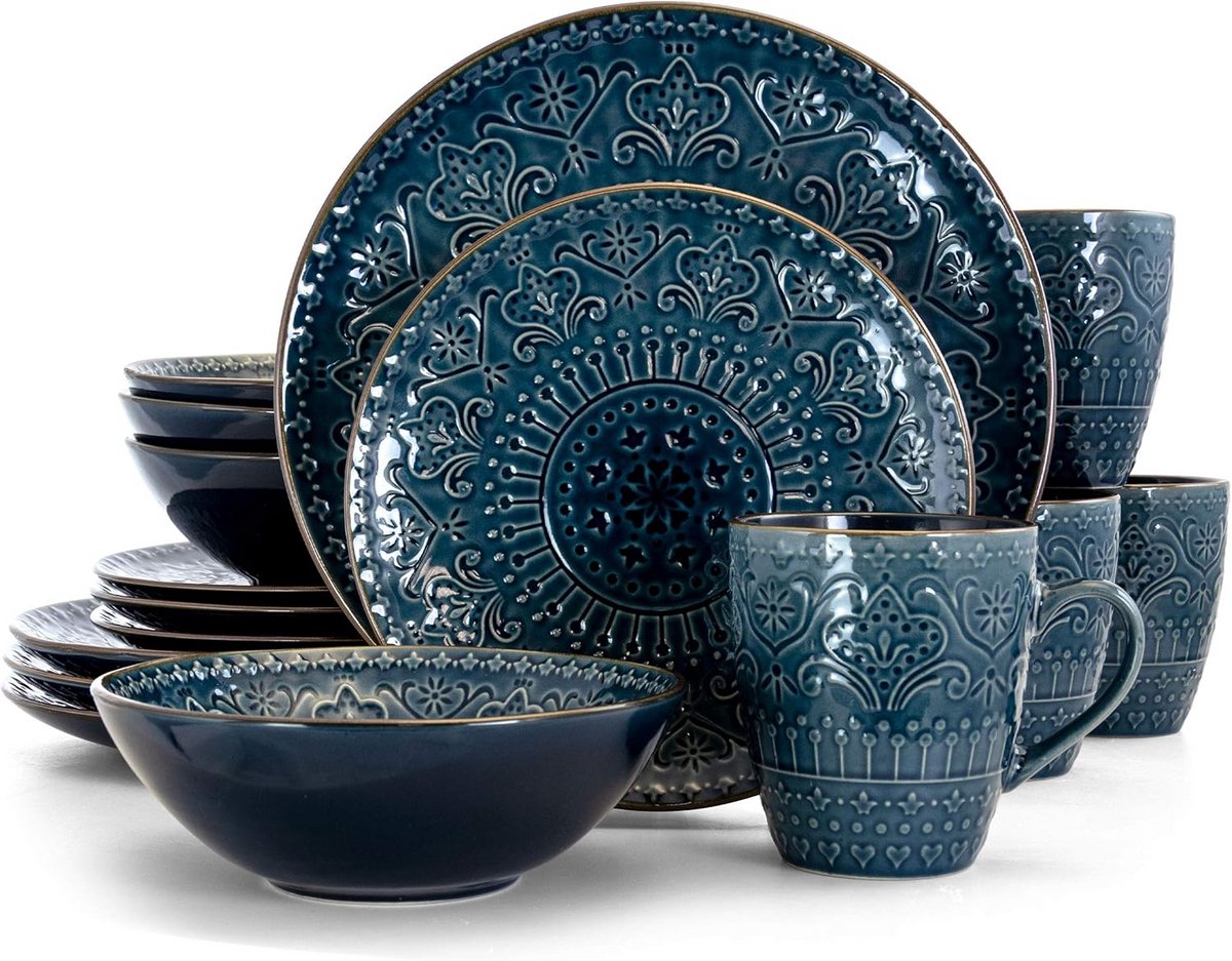 16-delig Aardewerk Servies Set Rond Zeeblauw – Complete Diner Set voor 4 Personen