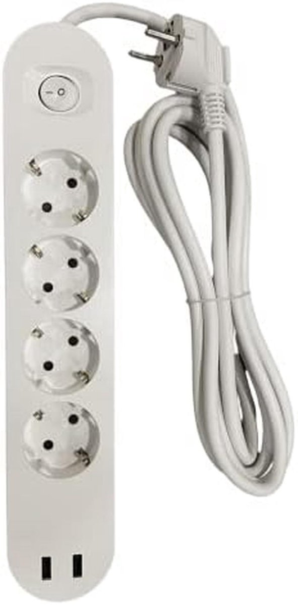 Verlengsnoer met 4 Contactdozen en 2 USB-Poorten (3 Meter Kabel)