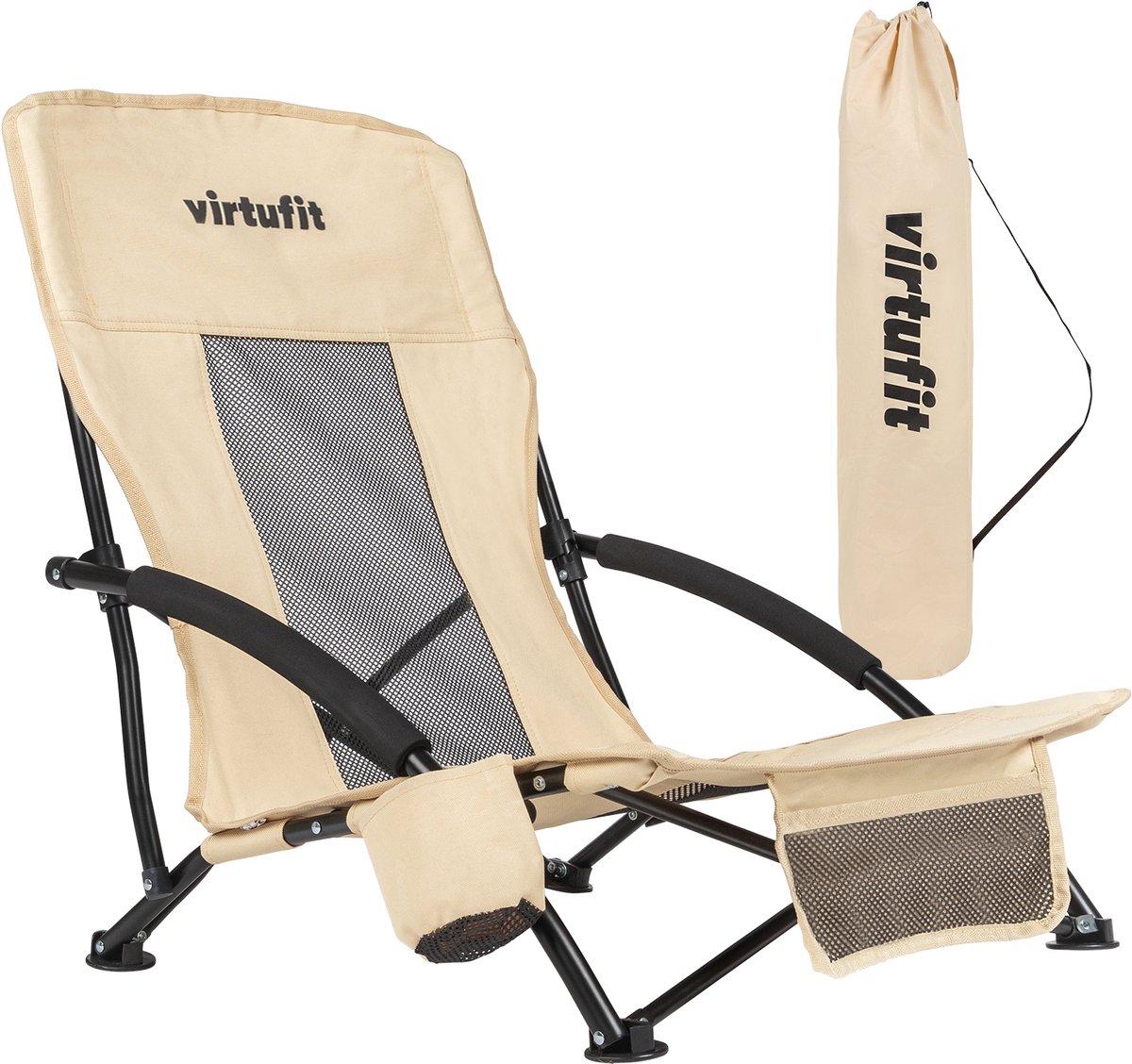 Bol.com VirtuFit Opvouwbare Strandstoel - Beige - Met Bekerhouder en Opbergvak - Incl. Draagtas - Compact, Duurzaam, Lichtgewich... aanbieding