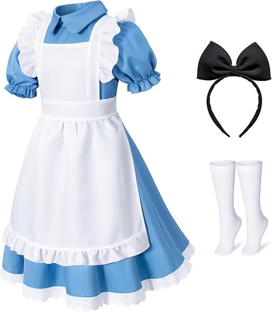 Daity Set 1 - Blauwe jurk voor meisjes - wit schort - cosplaykostuum voor de feestdagen - inclusief haarband met strik en kousen.