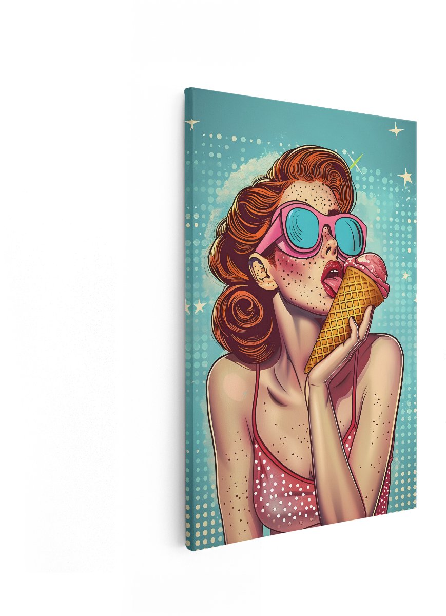 Artaza Canvas Schilderij Retro Vrouw - 20x30 cm - Wanddecoratie Pop Art Ijsje - Muurdecoratie Vintage Zomer - Schilderijen Op Canvas