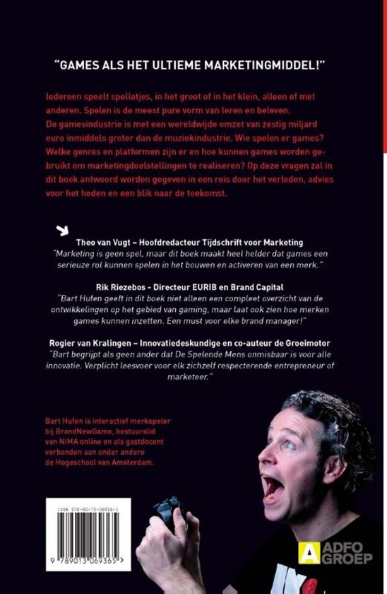 Boekomslag met tekst "GAMES ALS HET UITTIEME MARKETINGMIDDEL!". Bart Hufen kijkt verbaasd naar de camera.