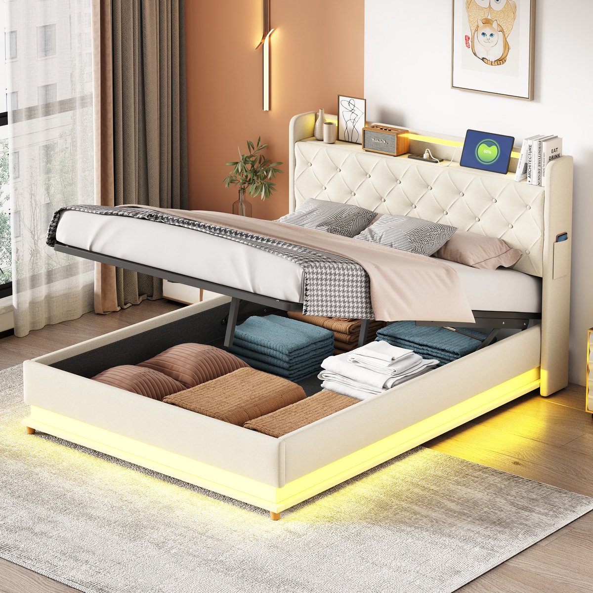 MODFU Bedframe 140x200 cm – beige linnenlook – met LED, USB en hydraulische opbergruimte