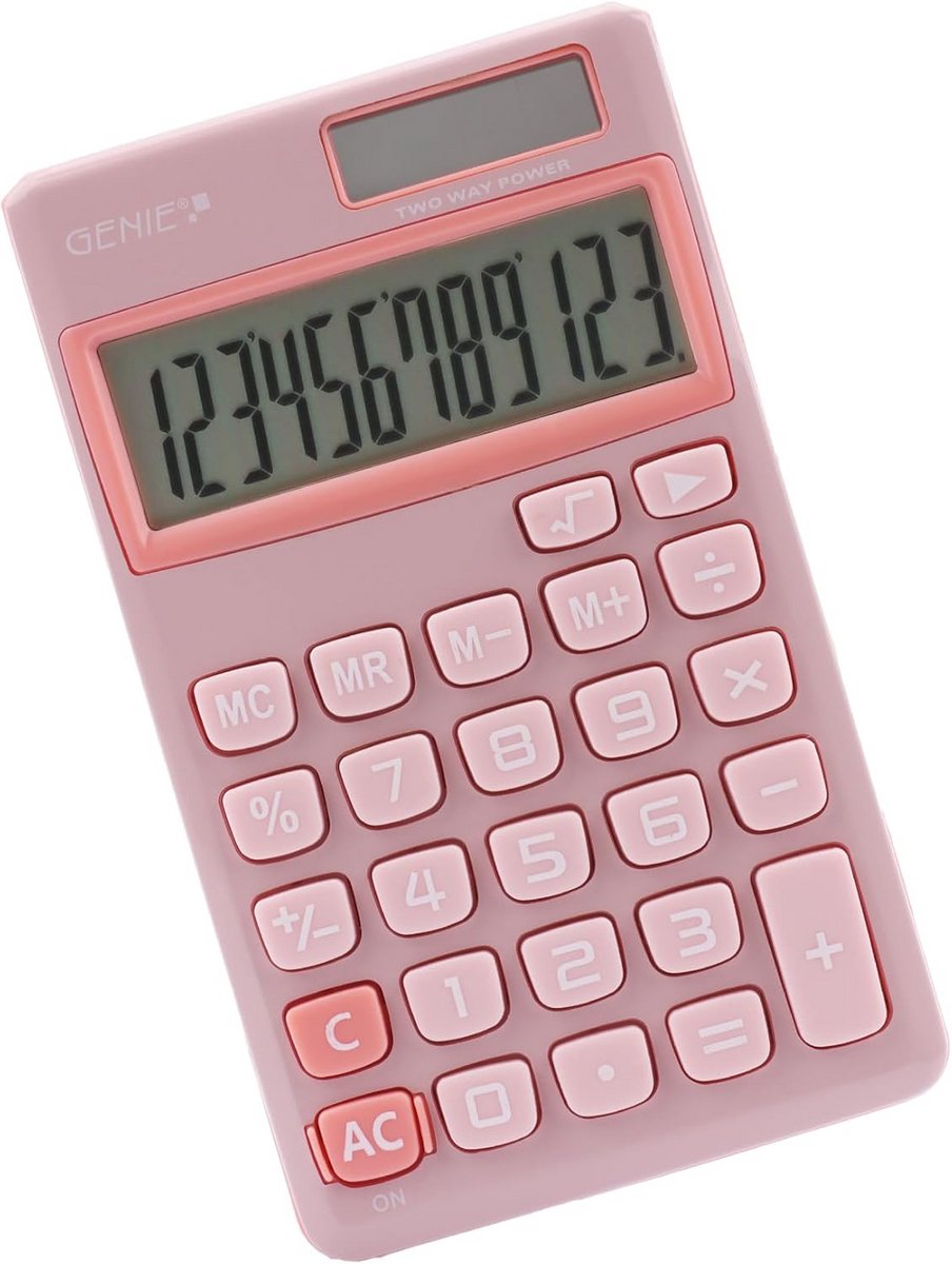 12-cijferige rekenmachine met zonne-energie dual-power roze