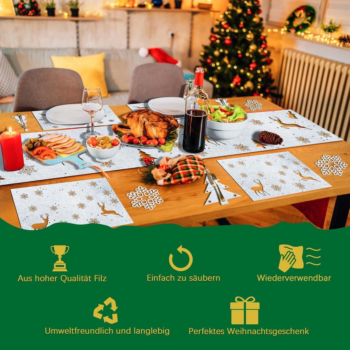 19-Delige Kerst Tafelaccessoires Set van Vilt met Placemats en Tafelloper