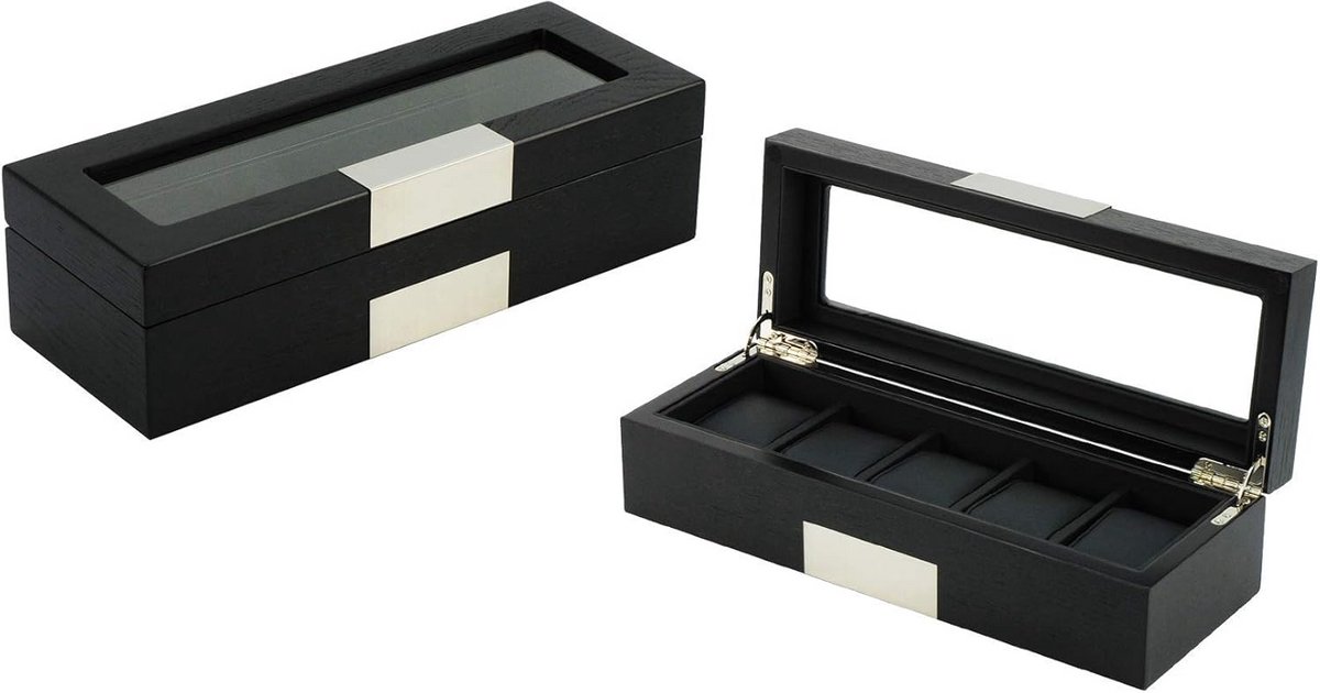 Zwart houten horlogebox met RVS accenten - 5 stuks - voor horloges tot 51 mm