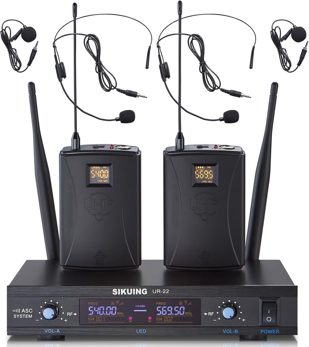 Twee-kanaals UHF draadloos microfoonsysteem 2 x 30 frequenties lavalier headset kerk vergadering 300m bodypack