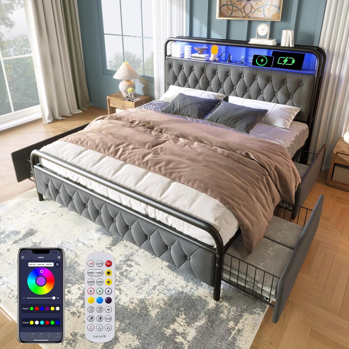 Tweepersoonsbed 140x200 met Opbergruimte, LED Verlichting en USB-C Aansluiting