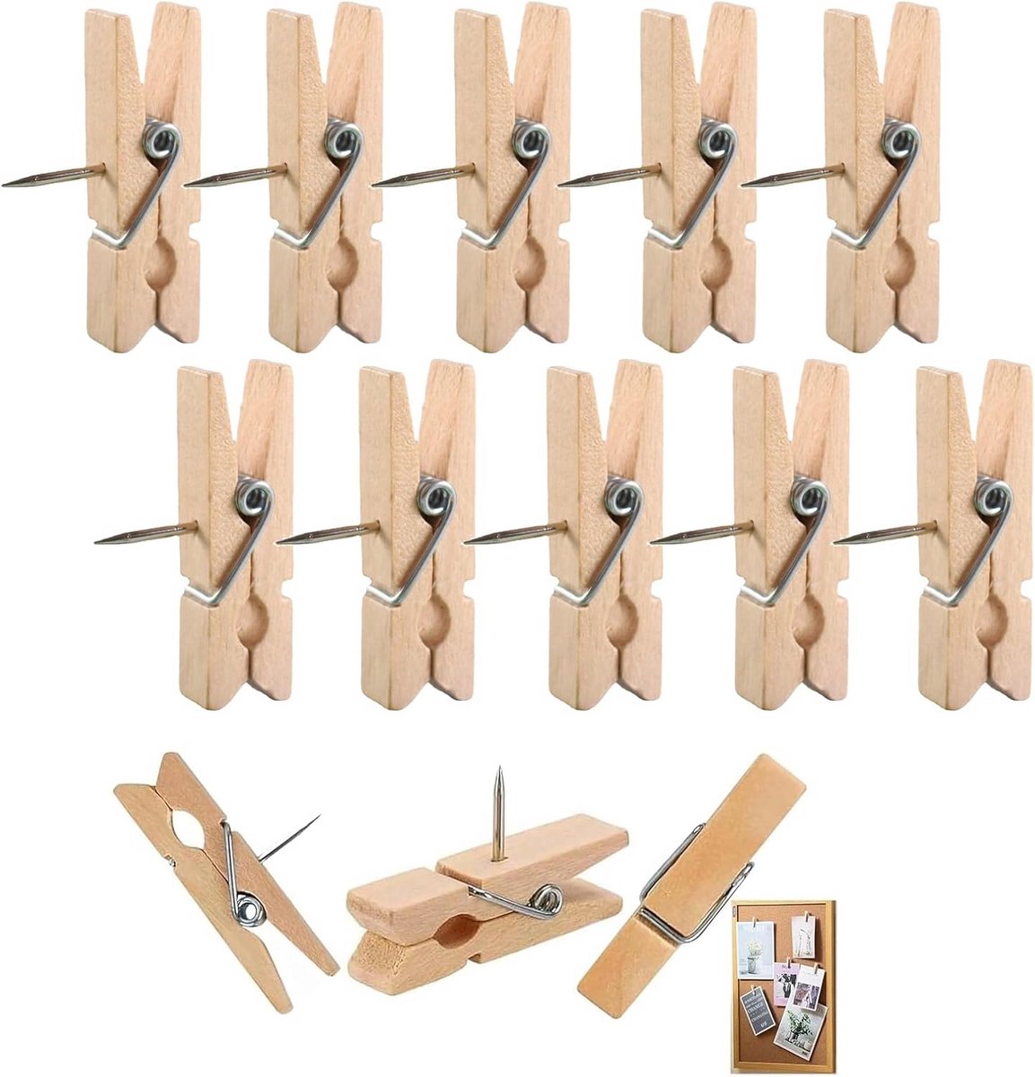 Houten Klemmetjes met Prikkers 100 Stuks Natuurlijk voor Prikborden en Knutselwerk