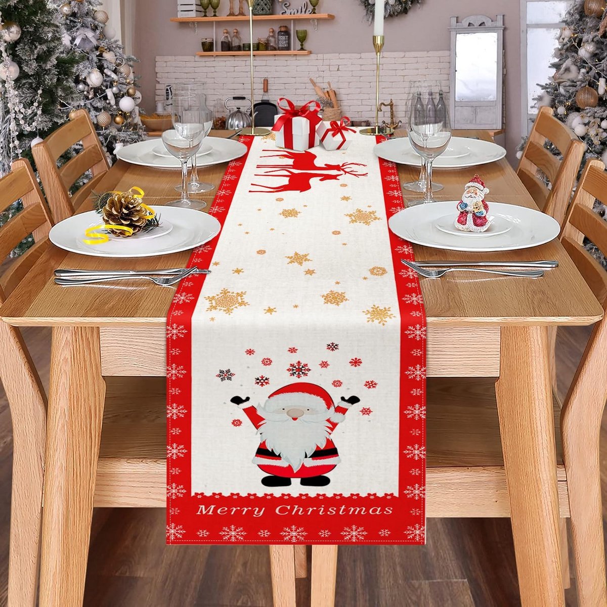 Tafelrunner Kerst Tafelkleed Modern Sneeuwvlok & Kerstman 40x140 cm Rood/Wit Decoratie