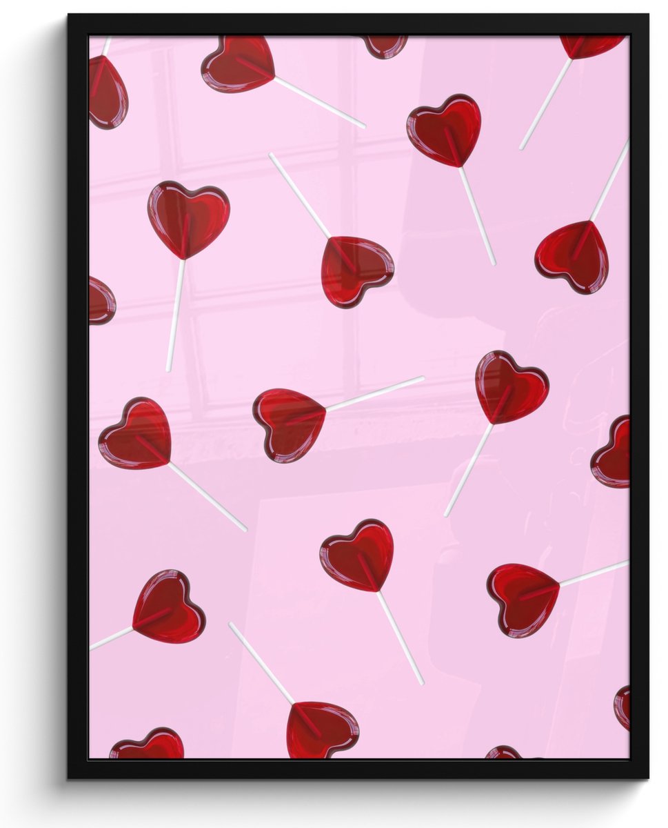 FrameYourWall Poster in lijst - Fotolijst 50x70 cm - Posters - Roze - Hart - Lolly - Snoep - Posterlijst zwart - Decoratie - Wanddecoratie woonkamer - Muurdecoratie slaapkamer