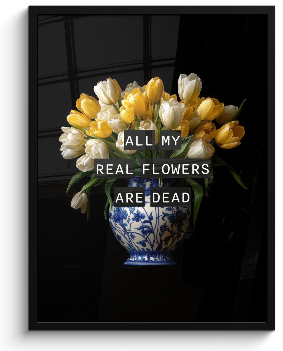 FrameYourWall Poster in lijst - Fotolijst 50x70 cm - Posters - Quotes - Bloem - Tulp - Geel - Posterlijst zwart - Decoratie - Wanddecoratie woonkamer - Muurdecoratie slaapkamer Tulpen - Geel - Quote