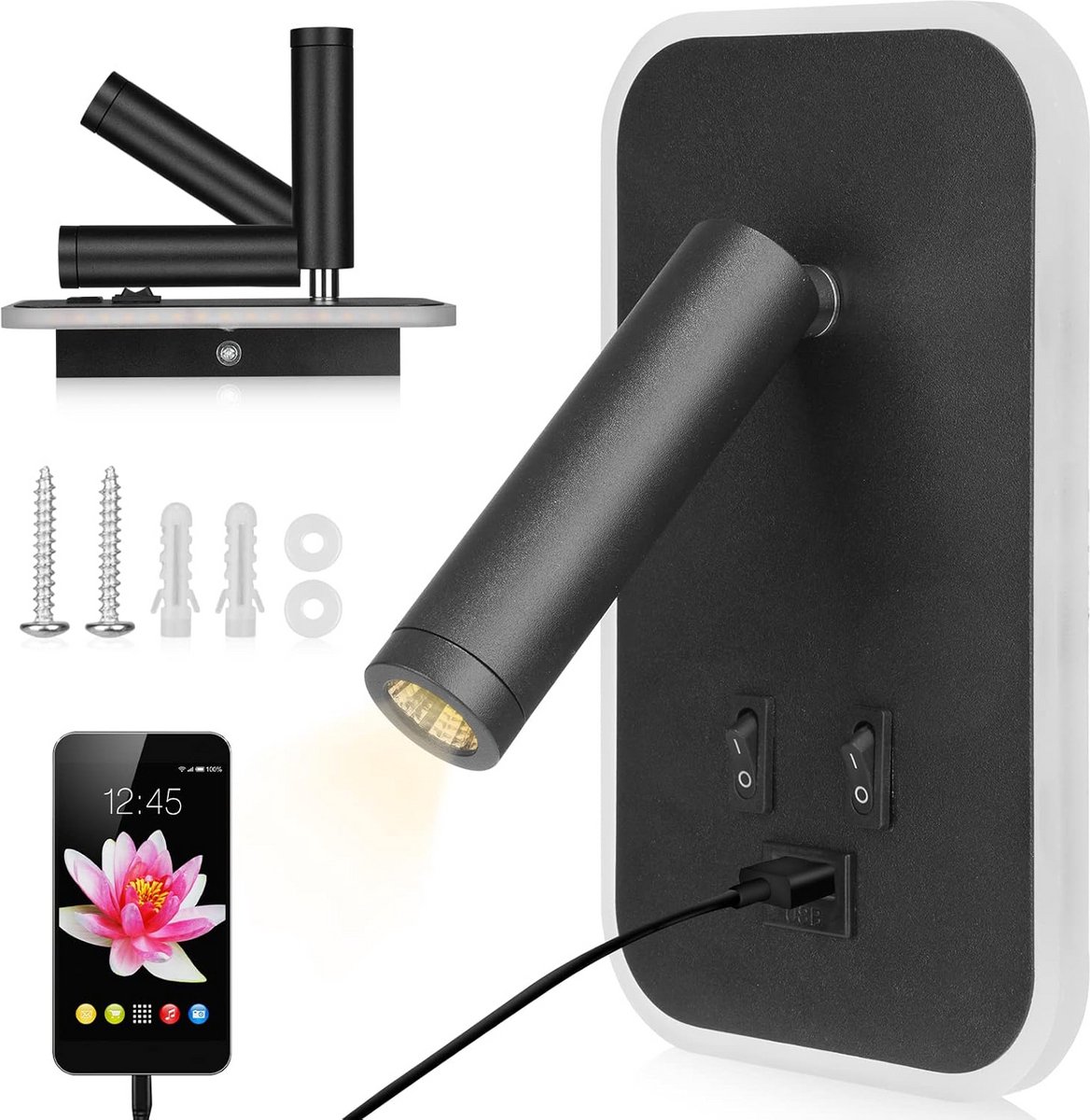 Draaibare LED Wandlamp met Leeslamp, USB-lader en Schakelaar - Warm Wit Licht (3000K) - Zwart