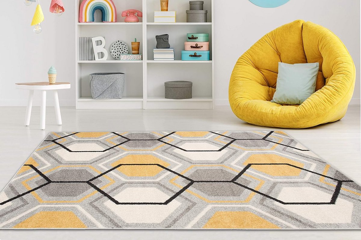 Modern Vloerkleed 240x330 cm Grijs Geel - Geometrisch Honingraat Tapijt Woonkamer Slaapkam