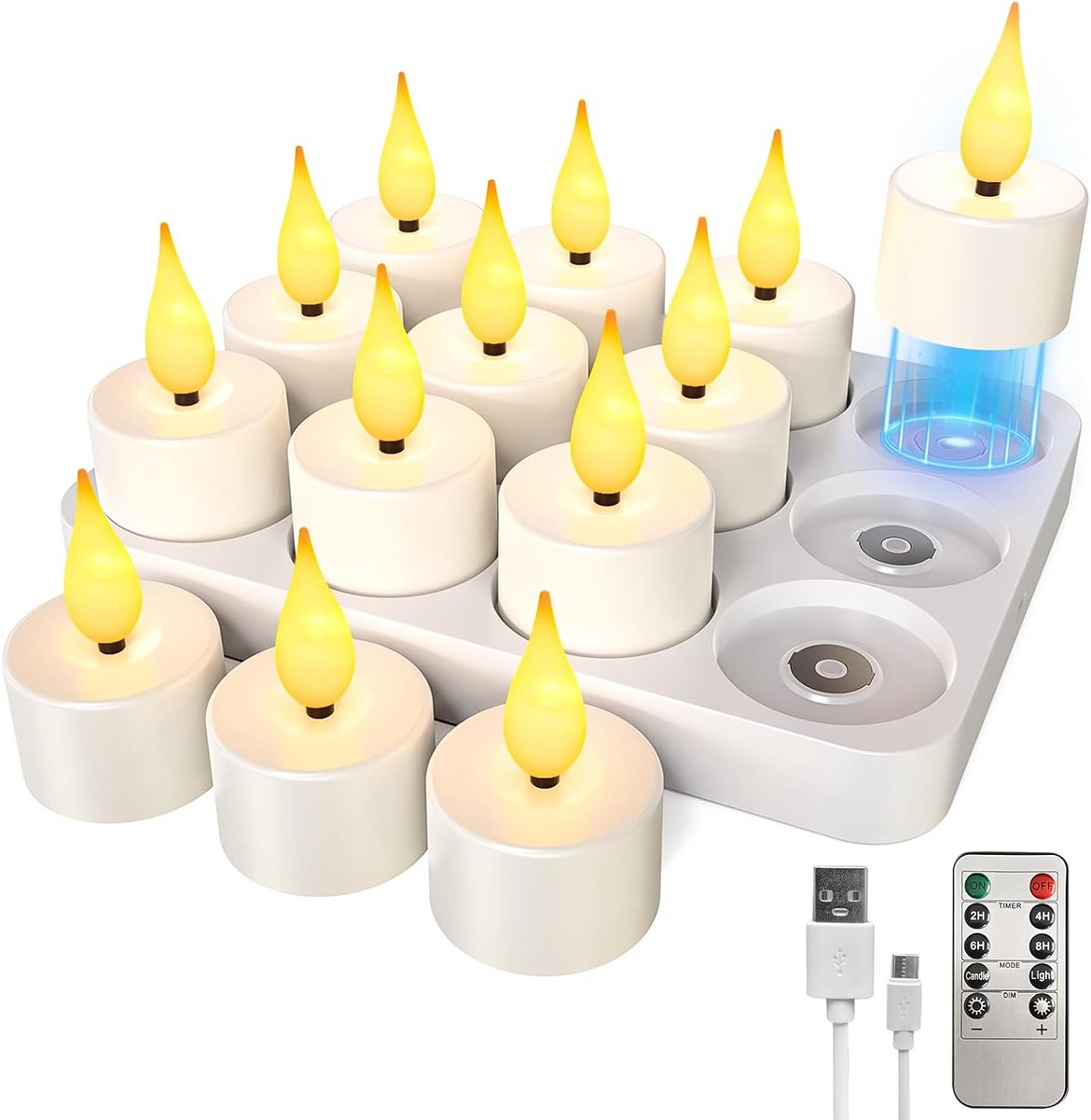 Oplaadbare LED Theelichtjes met Timer en Laadstation - Pak van 12