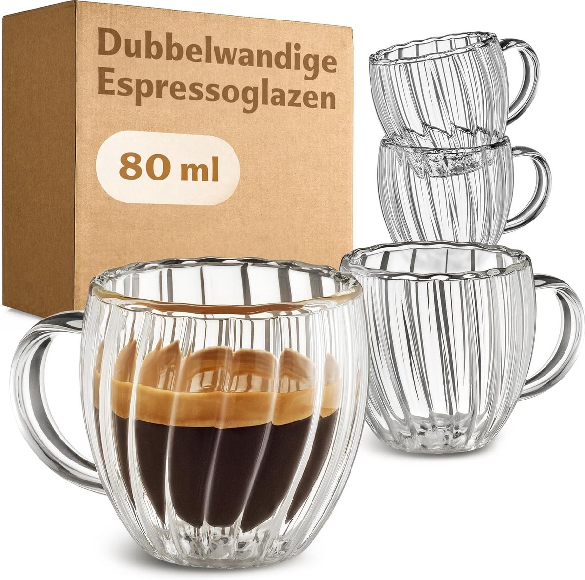 Dubbelwandige Glazen Espresso Kopjes set van 4 - 80ml - Met Hendel - Zwevend Effect