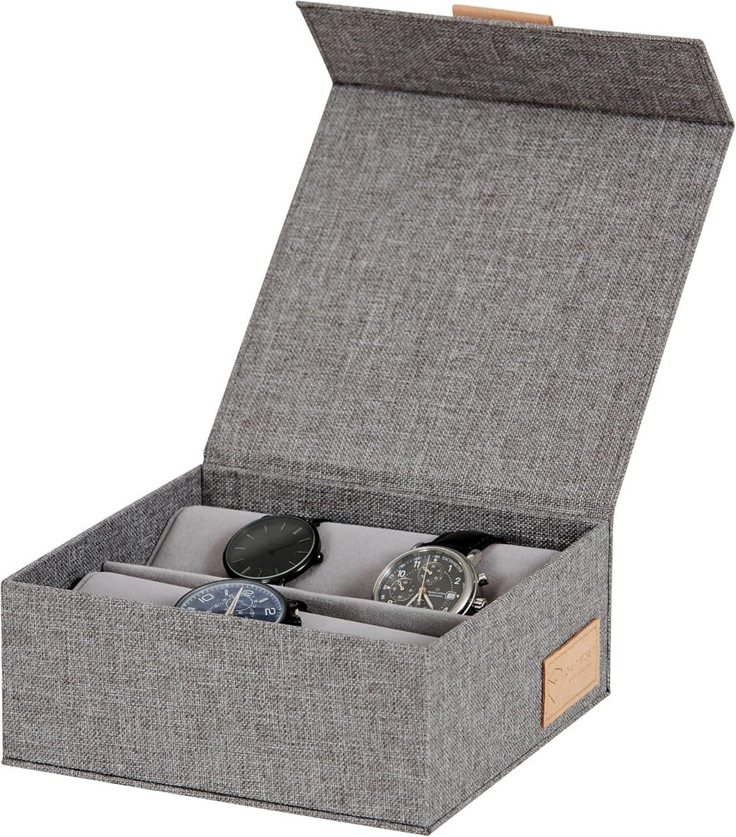 Horlogebox met deksel voor 8 horloges van linnen en fluweel, houten versterkingen, 16.5 x 16.5 x 7 cm, grijs