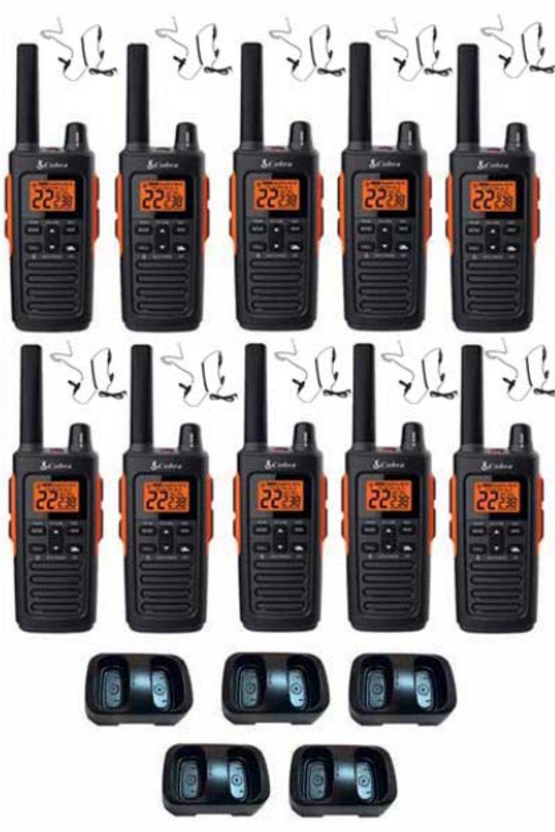 Set van 10 Cobra RX680 PMR446 portofoons IP54 met tafellader en beveiliging oortje