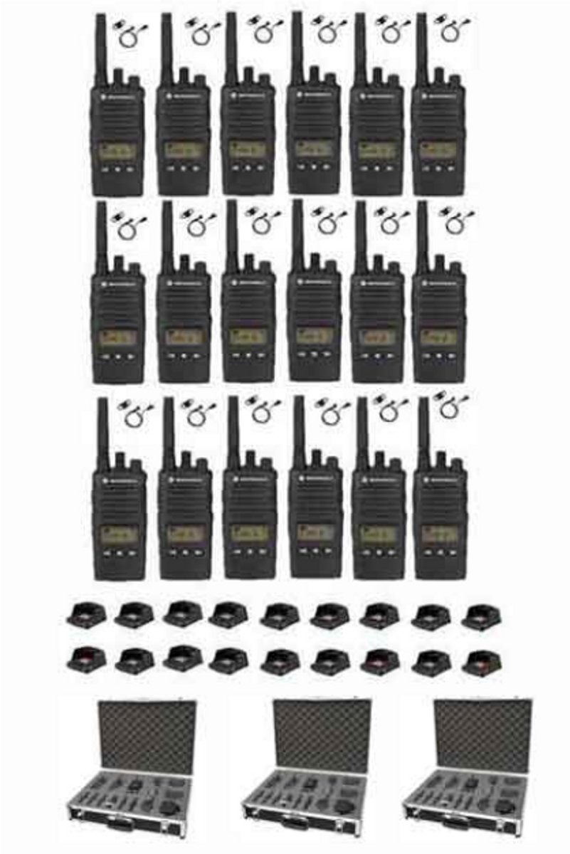 Set van 18 Motorola XT460 IP55 PMR446 met D-shape oortje tafellader koffer