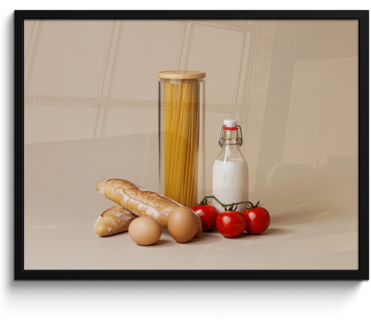 FrameYourWall Fotolijst inclusief poster - Posterlijst 70x50 cm - Posters - Spaghetti - Melk - Tomaten - Eieren - Brood - Foto in lijst - Keuken decoratie muur - Wanddecoratie accessoires - Muurdecoratie - Schilderijen