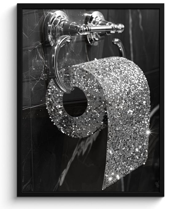 Poster in lijst - Fotolijst 50x70 cm - Posters - WC - Toilet papier - Zwart wit - Glitters - Posterlijst zwart - Wanddecoratie badkamer - Muurdecoratie WC - Decoratieve accessoires - Toilet muur decoratie