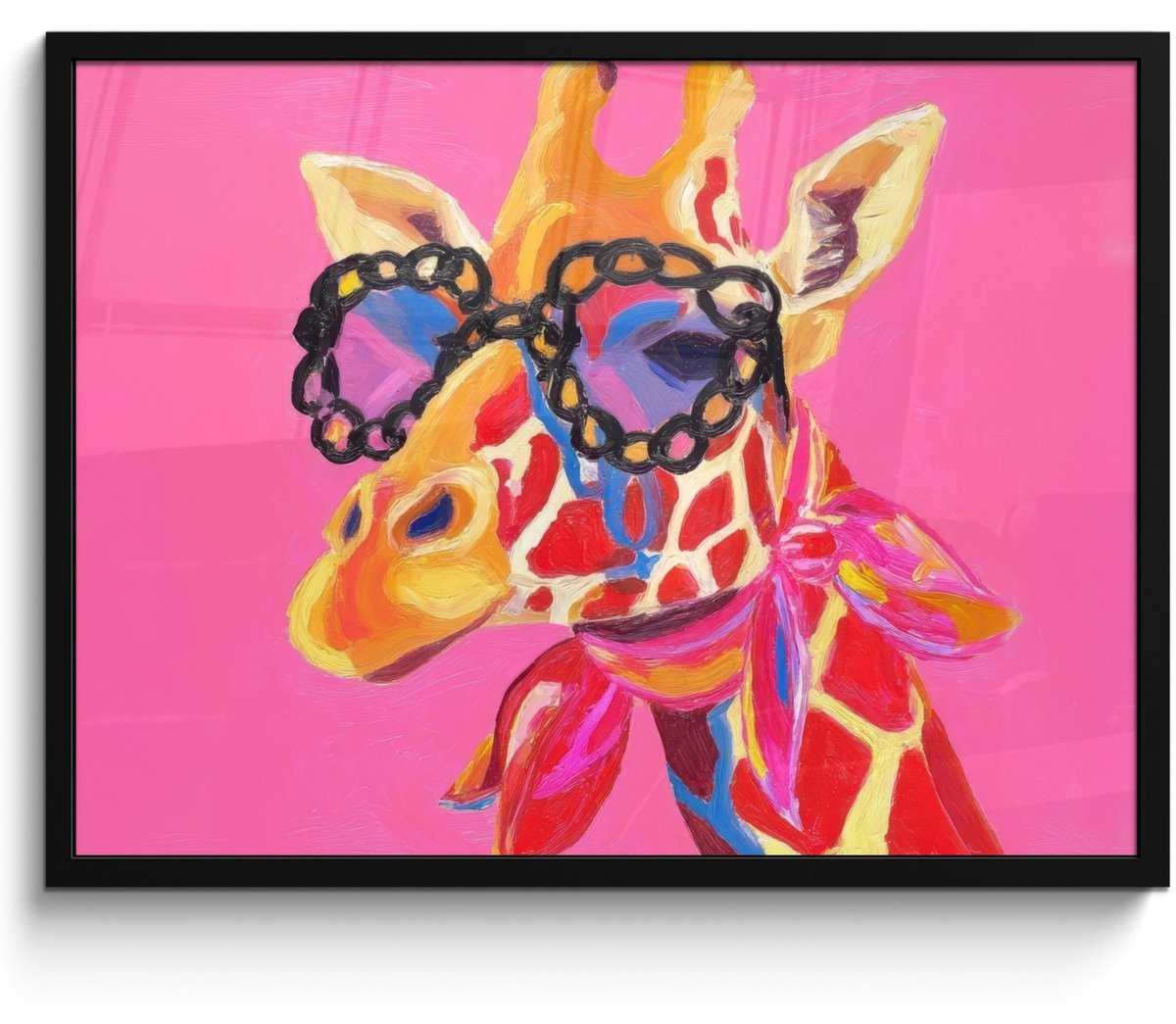 FrameYourWall Poster in lijst - Fotolijst 70x50 cm - Posters - Giraf - Roze - Bril - Sjaal - Posterlijst zwart - Decoratie - Wanddecoratie woonkamer - Muurdecoratie slaapkamer