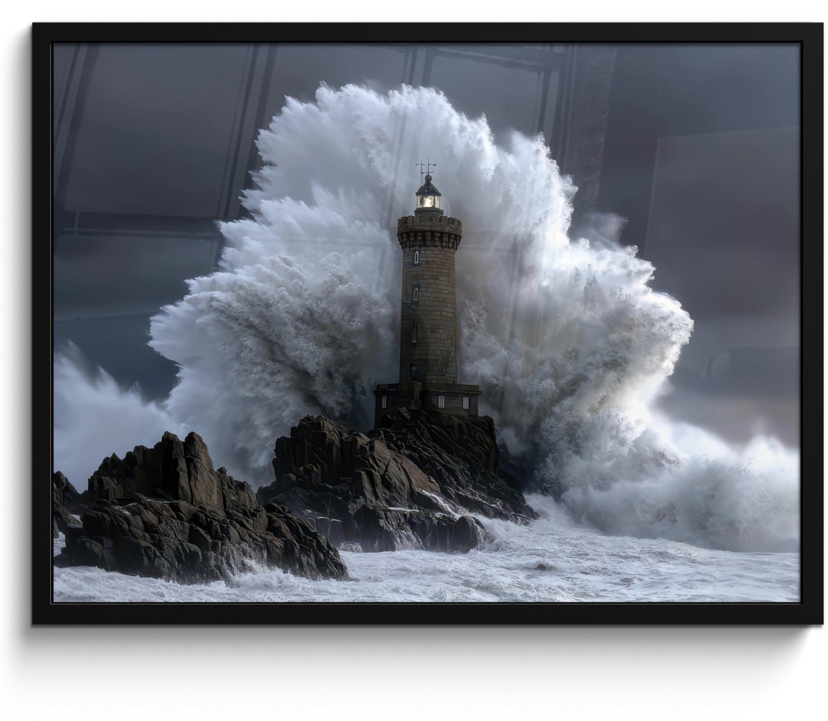 FrameYourWall Poster in lijst - Fotolijst 70x50 cm - Posters - Golf - Vuurtoren - Schuimend water - Posterlijst zwart - Decoratie - Wanddecoratie woonkamer - Muurdecoratie slaapkamer