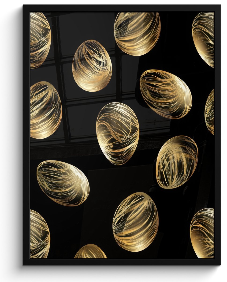 FrameYourWall Poster in lijst - Fotolijst 50x70 cm - Posters - Eieren - Goud - Patroon - Posterlijst zwart - Decoratie - Wanddecoratie woonkamer - Muurdecoratie slaapkamer Pasen