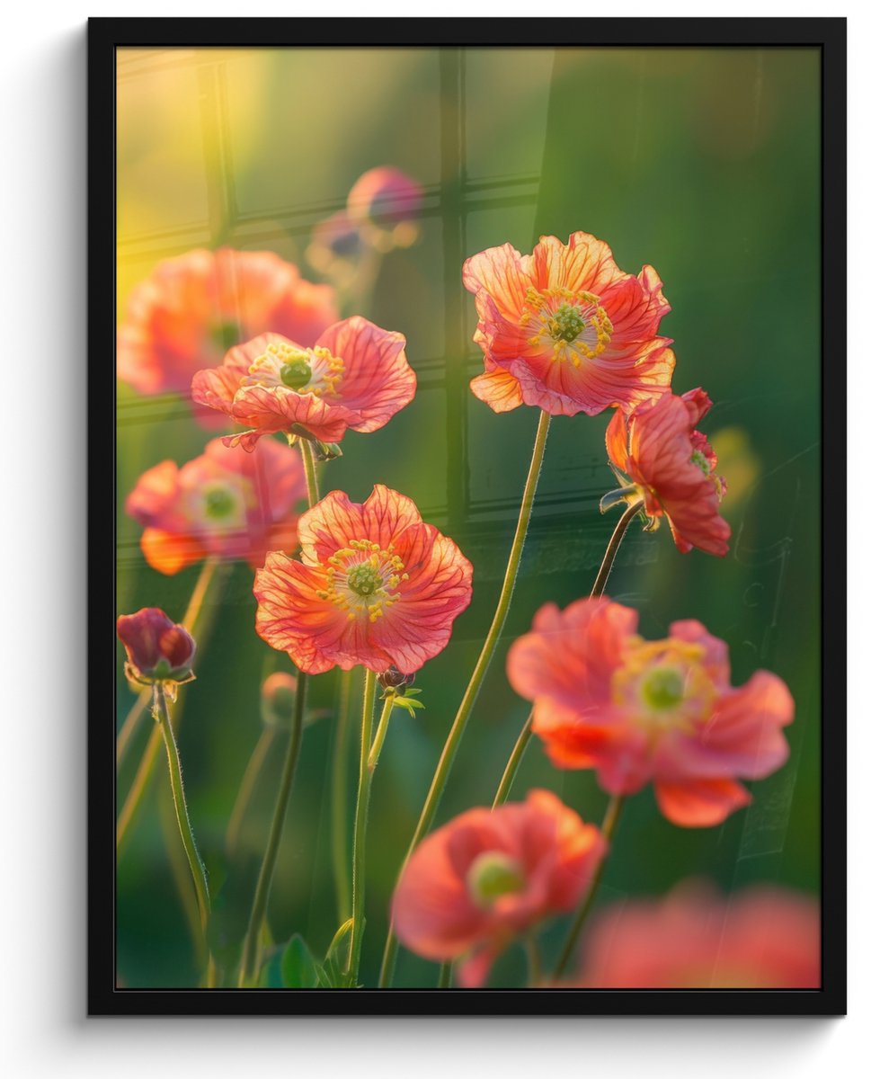FrameYourWall Poster in lijst - Fotolijst 50x70 cm - Posters - Bloemenveld - Zonnestralen - Oranje - Posterlijst zwart - Decoratie - Wanddecoratie woonkamer - Muurdecoratie slaapkamer