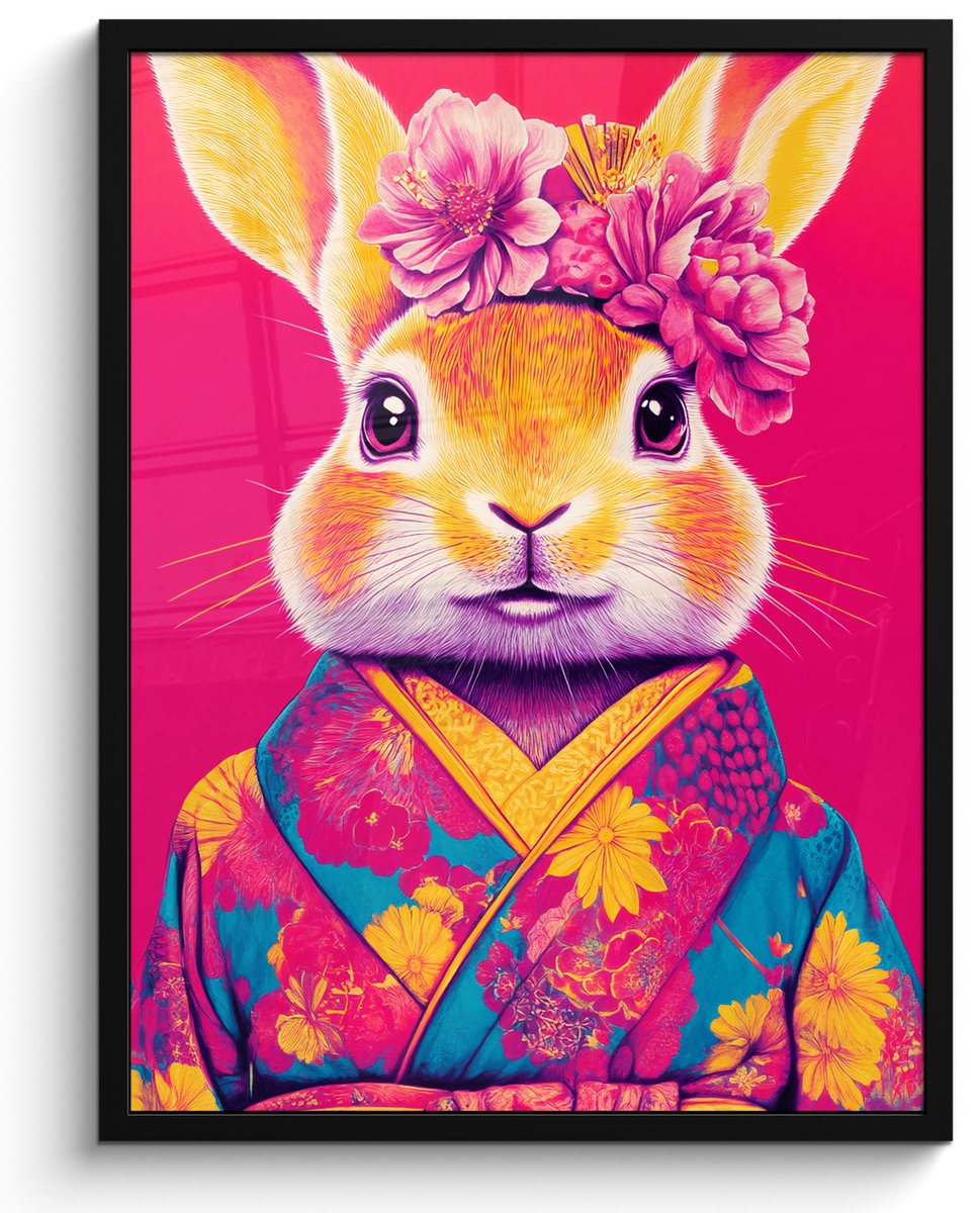 FrameYourWall Poster in lijst - Fotolijst 50x70 cm - Posters - Konijn - Bloemen - Kleurrijk - Kimono - Posterlijst zwart - Decoratie - Wanddecoratie woonkamer - Muurdecoratie slaapkamer