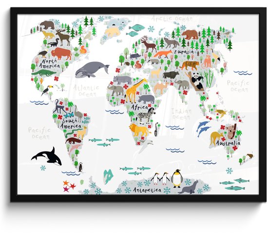 Wereldkaart - Kinderen - Dieren - Planten - Schoolplaat - Kinderkamer - 70x50 cm
