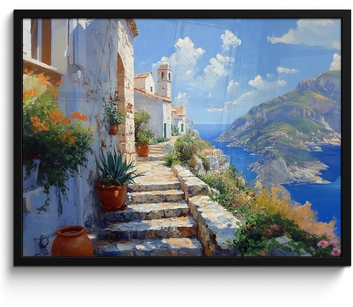 FrameYourWall Poster in lijst - Fotolijst 70x50 cm - Posters - Trap - Huizen - Berglandschap - Zee - Posterlijst zwart - Decoratie - Wanddecoratie woonkamer - Muurdecoratie slaapkamer Trap - Huizen - Landschap