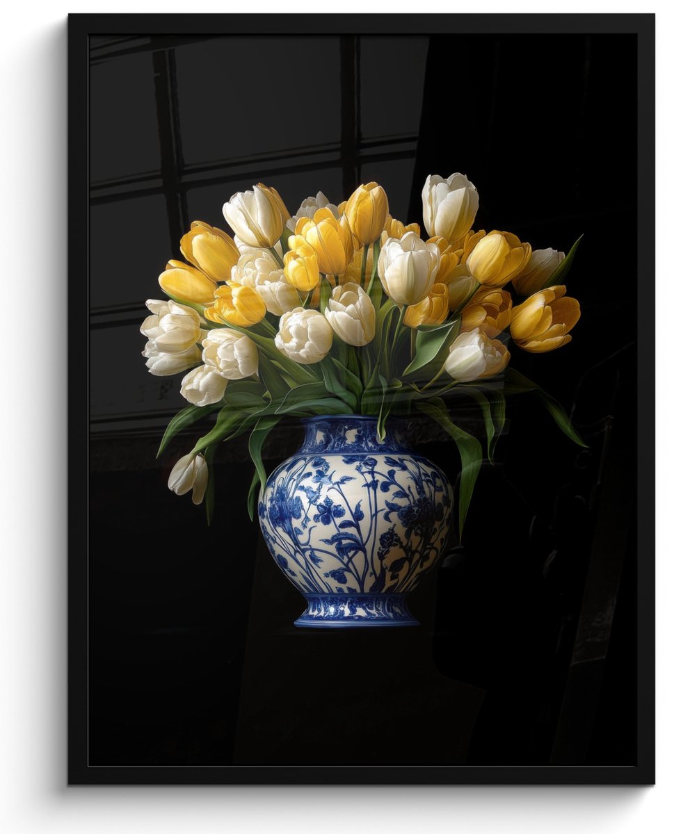 FrameYourWall Poster in lijst - Fotolijst 50x70 cm - Posters - Geel - Tulpen - Vaas - Bloemen - Posterlijst zwart - Decoratie - Wanddecoratie woonkamer - Muurdecoratie slaapkamer Tulpen - Geel