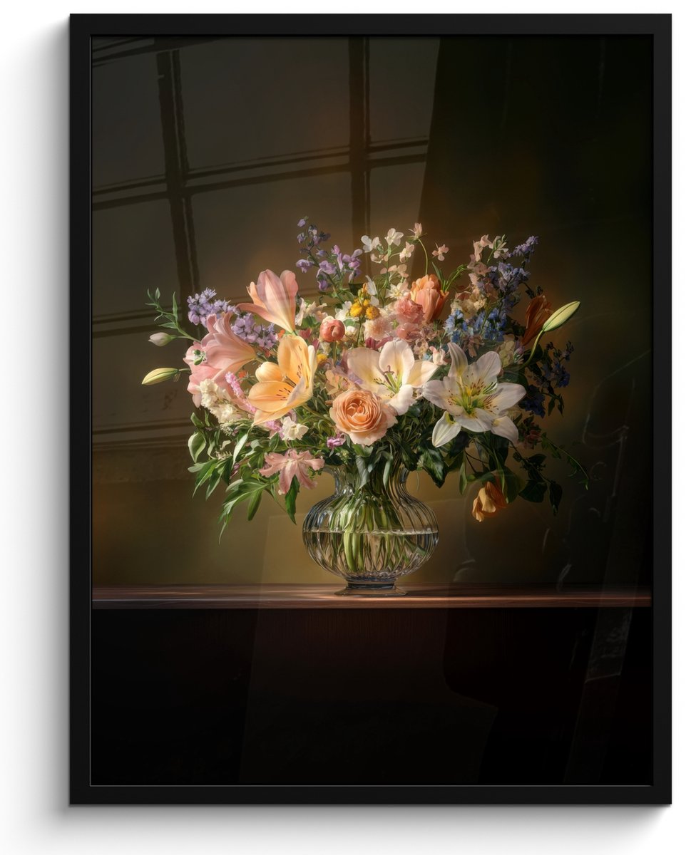 FrameYourWall Poster in lijst - Fotolijst 50x70 cm - Posters - Glazen - Bloemen - Boeket - Kleuren - Posterlijst zwart - Decoratie - Wanddecoratie woonkamer - Muurdecoratie slaapkamer Bloemen - Pastel