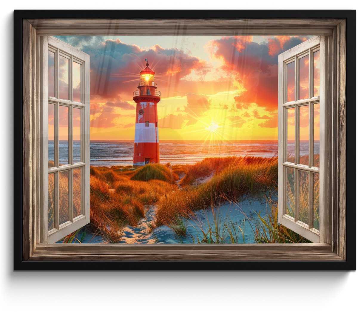 FrameYourWall Poster in lijst - Fotolijst 70x50 cm - Posters - Doorkijk - Raam - Vuurtoren - Zonsondergang - Strand - Posterlijst zwart - Decoratie - Wanddecoratie woonkamer - Muurdecoratie slaapkamer Zonsondergang - Vuurtoren