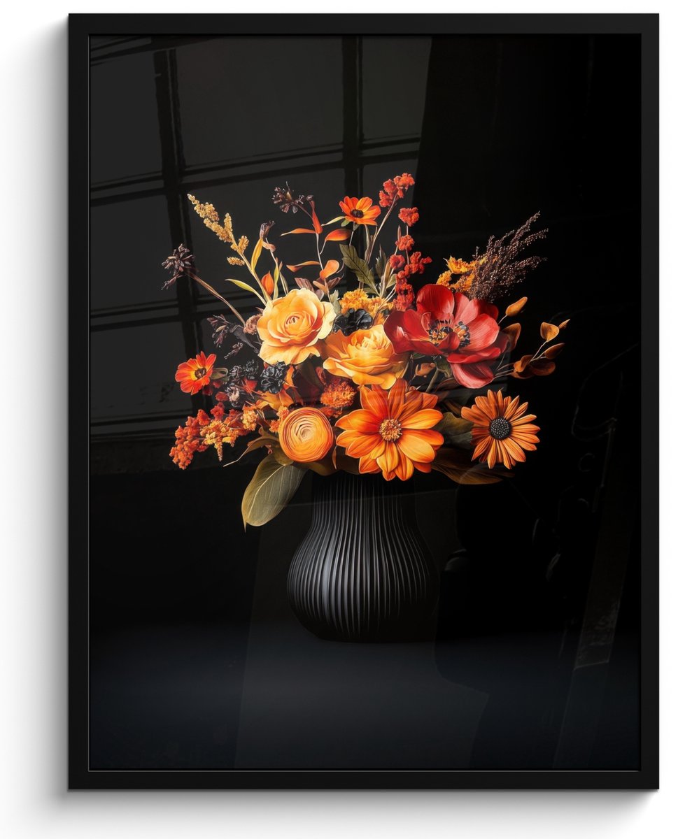 FrameYourWall Poster in lijst - Fotolijst 50x70 cm - Posters - Herfst - Boeket - Oranje - Posterlijst zwart - Decoratie - Wanddecoratie woonkamer - Muurdecoratie slaapkamer Boeket - Bloemen 1