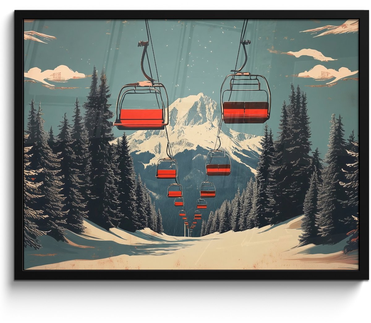 FrameYourWall Poster in lijst - Fotolijst 70x50 cm - Posters - Sneeuw - Skilift - Rood - Bomen - Posterlijst zwart - Decoratie - Wanddecoratie woonkamer - Muurdecoratie slaapkamer Skilift - Bergen - Sneeuw