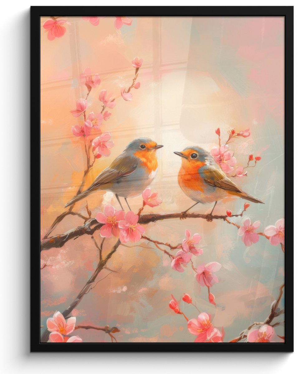 FrameYourWall Poster in lijst - Fotolijst 50x70 cm - Posters - Roodborstjes - Sierlijk - Bloesemtak - Posterlijst zwart - Decoratie - Wanddecoratie woonkamer - Muurdecoratie slaapkamer Vogels - Bloemen