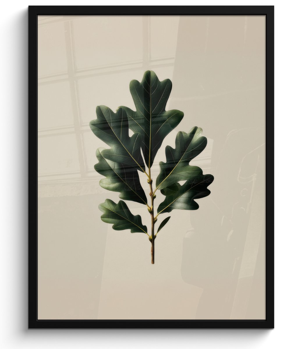 FrameYourWall Poster in lijst - Fotolijst 50x70 cm - Posters - Eikenbladeren - Beige - Groen - Golvende randen - Posterlijst zwart - Decoratie - Wanddecoratie woonkamer - Muurdecoratie slaapkamer