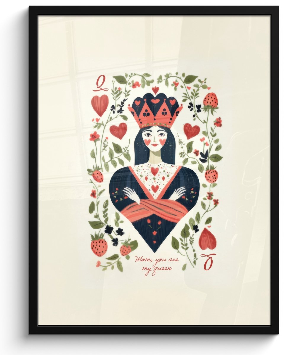 FrameYourWall Poster in lijst - Fotolijst 50x70 cm - Posters - Speelkaart - Hartenkoningin - Bloemen - Hartjes - Posterlijst zwart - Decoratie - Wanddecoratie woonkamer - Muurdecoratie slaapkamer Speelkaart - Hartenkoningin - Tekst