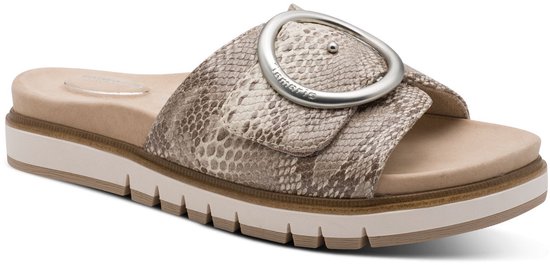 Dames slipper in slangenhuidprint met een grote zilveren gesp, merknaam Tamaris.