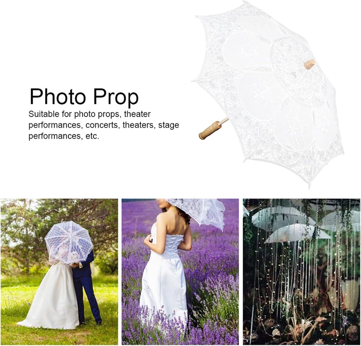 Kanten parasol voor bruiloft en vintage fotografie met 3D bloemenborduurwerk - Wit
