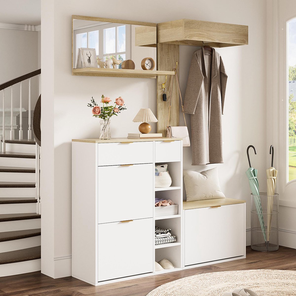 BLACKCOLORS 4-delige opbergset voor de hal: met schoenenkast, bank, wandspiegel en kapstok – complete wandopbergset met plank, elegante halmeubels voor de hal, afmetingen: B 130 x D 30 x H 174 cm
