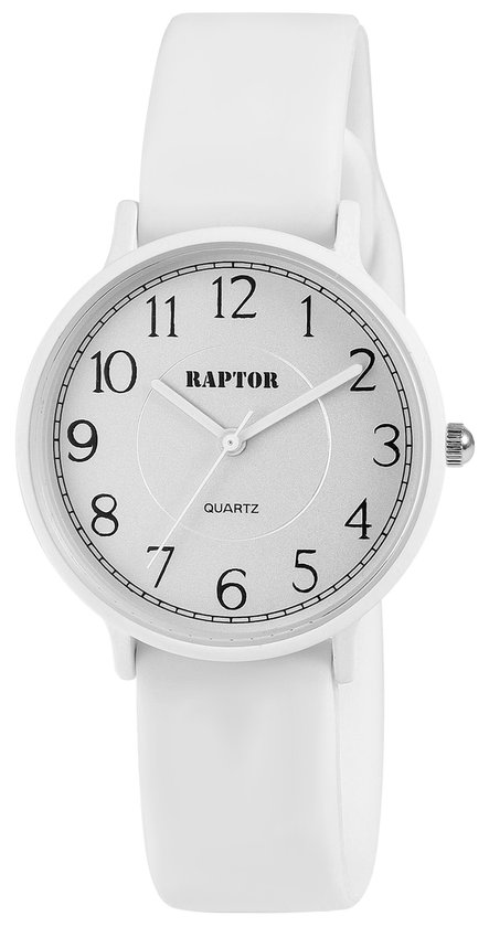Witte Raptor dameshorloge met ronde wijzerplaat, zwarte cijfers en een witte band.