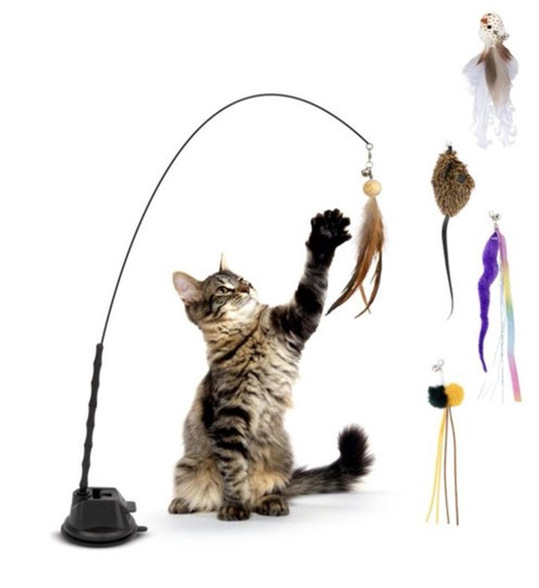 Kattenvisspeelgoed met zuignap en veren, kattenplaagspeelgoedset, interactieve kattenspeelgoedset met vogelsimulatie, speelhengel voor katten