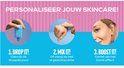 Drie stappen: Druppel, Mix en Boost met Weleda serum, getoond op handen en gezicht.
