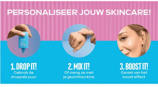 Drie stappen: Druppel, Mix en Boost met Weleda serum, getoond op handen en gezicht.