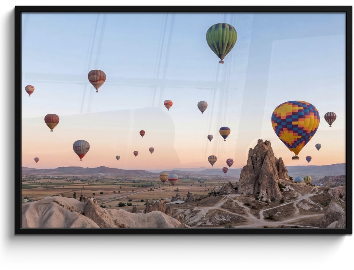 FrameYourWall Poster in lijst - Fotolijst 120x80 cm - Posters - Luchtballonnen - Rotsen - Zonsopgang - Posterlijst zwart - Decoratie - Wanddecoratie woonkamer - Muurdecoratie slaapkamer
