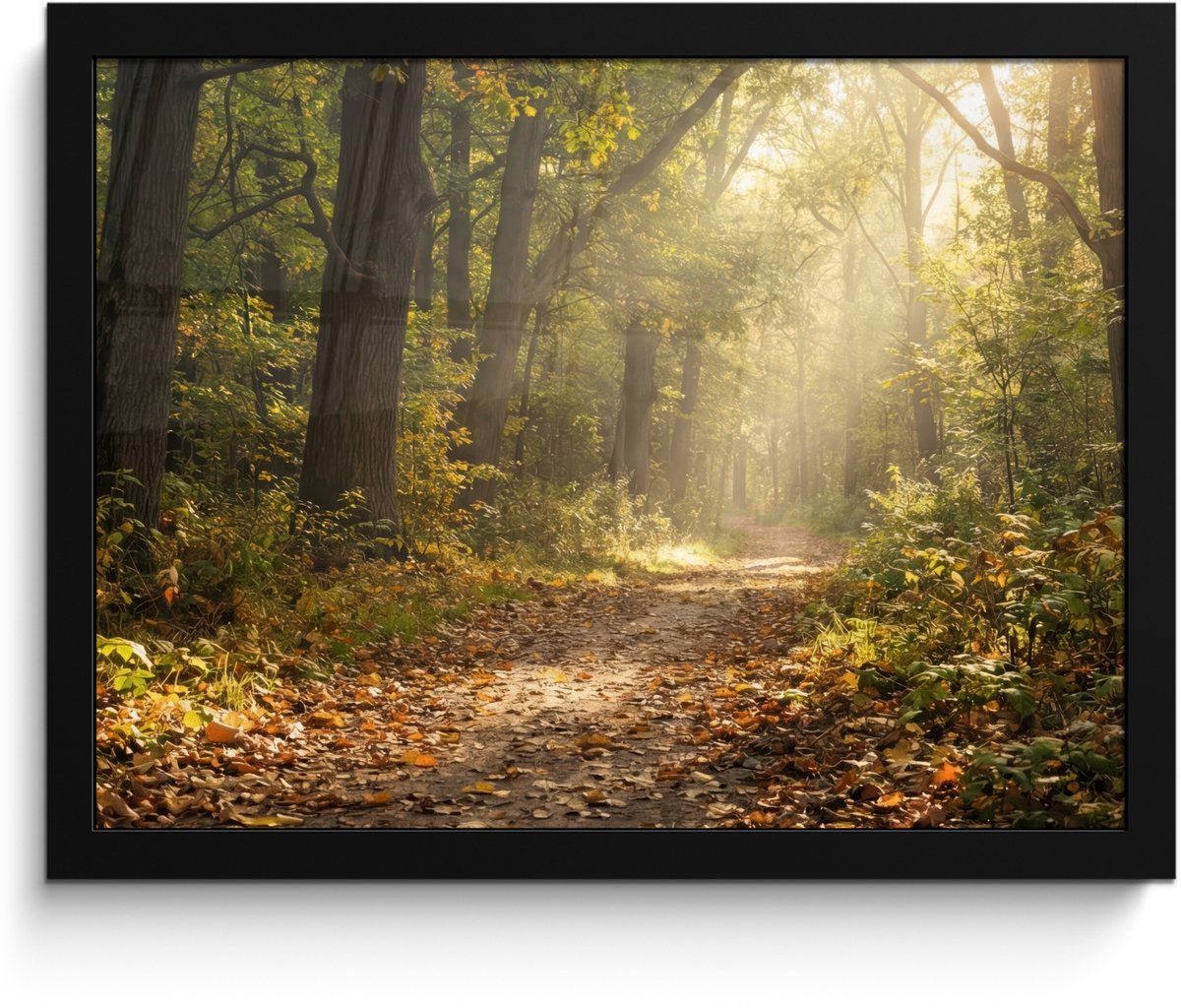 FrameYourWall Poster in lijst - Fotolijst 40x30 cm - Posters - Zonlicht - Bospad - Bomen - Posterlijst zwart - Decoratie - Wanddecoratie woonkamer - Muurdecoratie slaapkamer