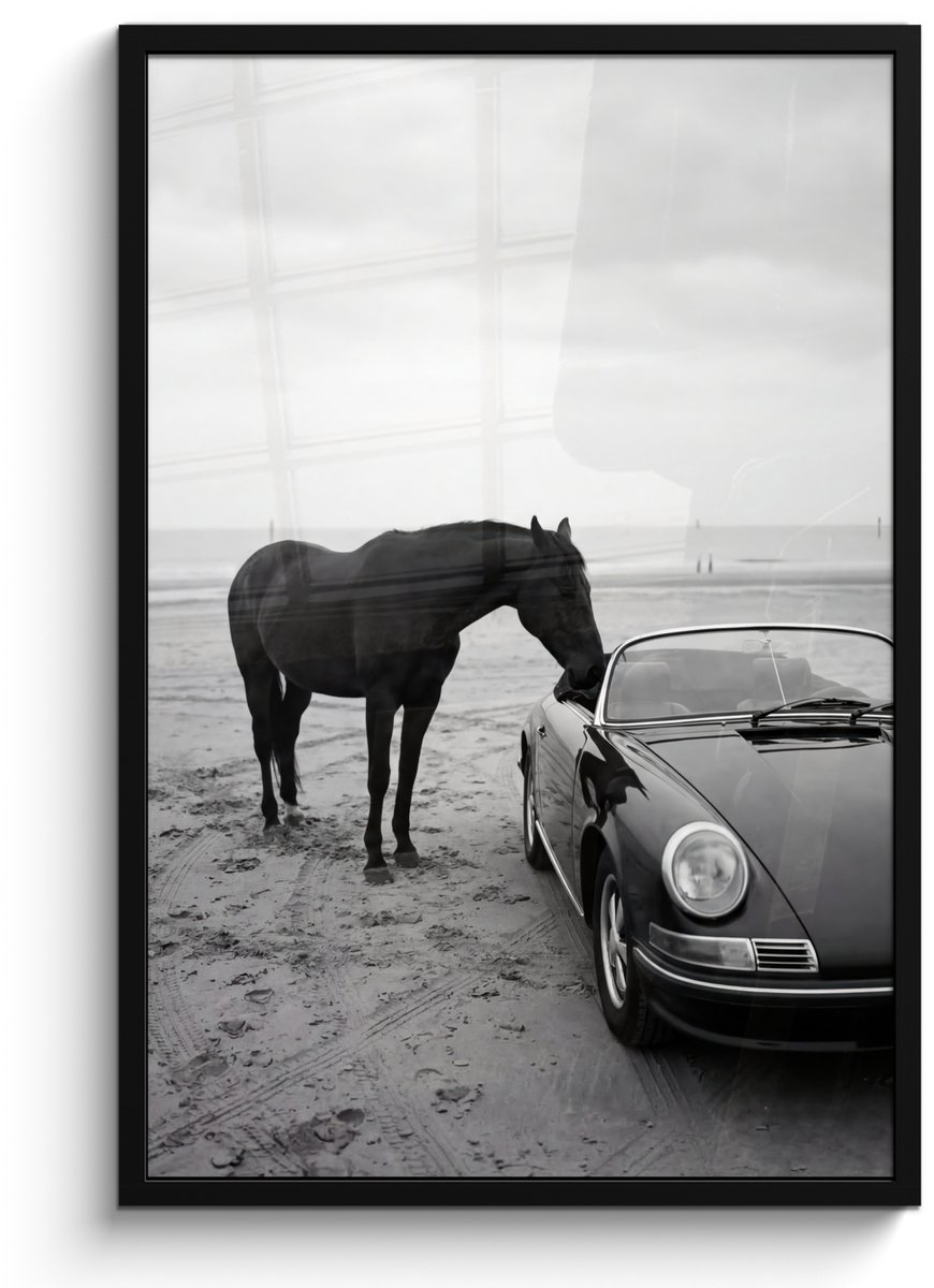FrameYourWall Poster in lijst - Fotolijst 60x90 cm - Posters - Paard - Auto - Zwart - Wit - Posterlijst zwart - Decoratie - Wanddecoratie woonkamer - Muurdecoratie slaapkamer